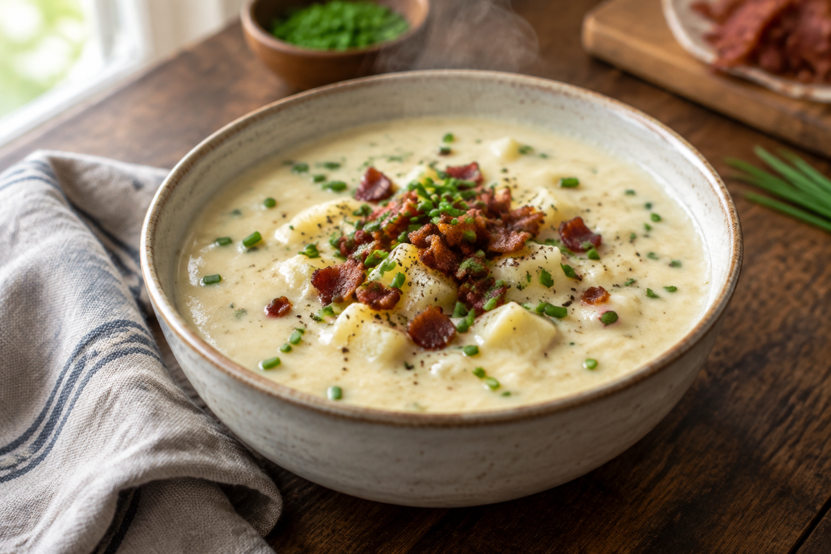 Bowl of creamy potato soup garnished with chives and bacon, showcasing creamy potato soup comfort
