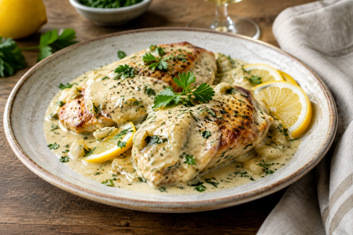Creamy white wine chicken with parsley garnish and lemon slices on rustic plate