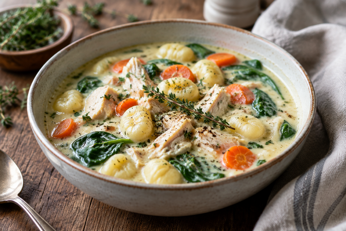Creamy chicken gnocchi soup in a bowl garnished with fresh thyme and black pepper, showcasing chicken gnocchi soup