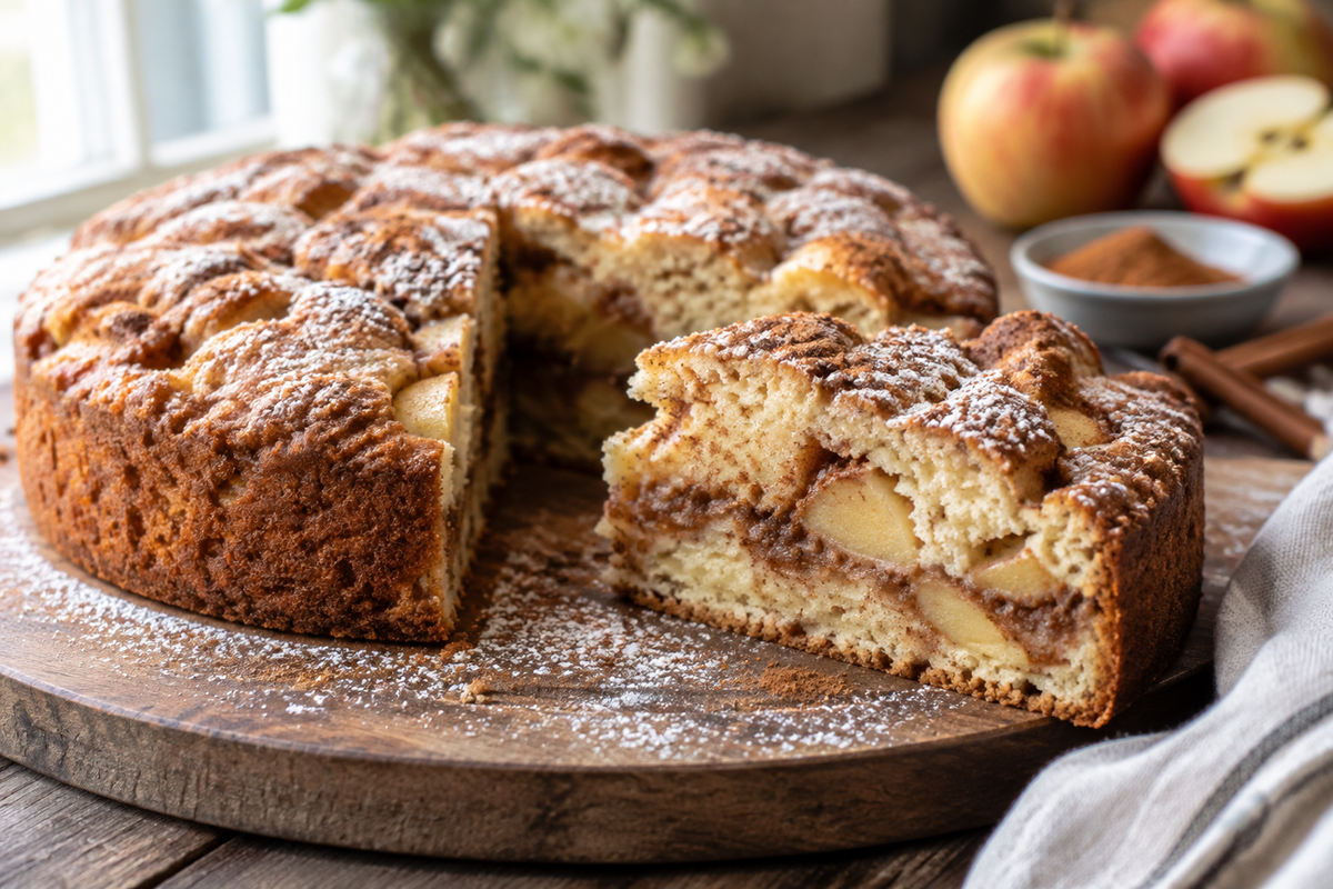 Apple pie snacking cake slice showing tender apples and cinnamon swirls, dusted with powdered sugar
