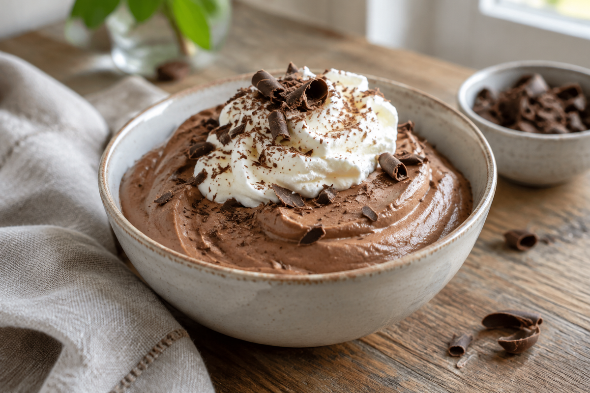 Creamy milk chocolate mousse topped with whipped cream and chocolate shavings in a rustic bowl