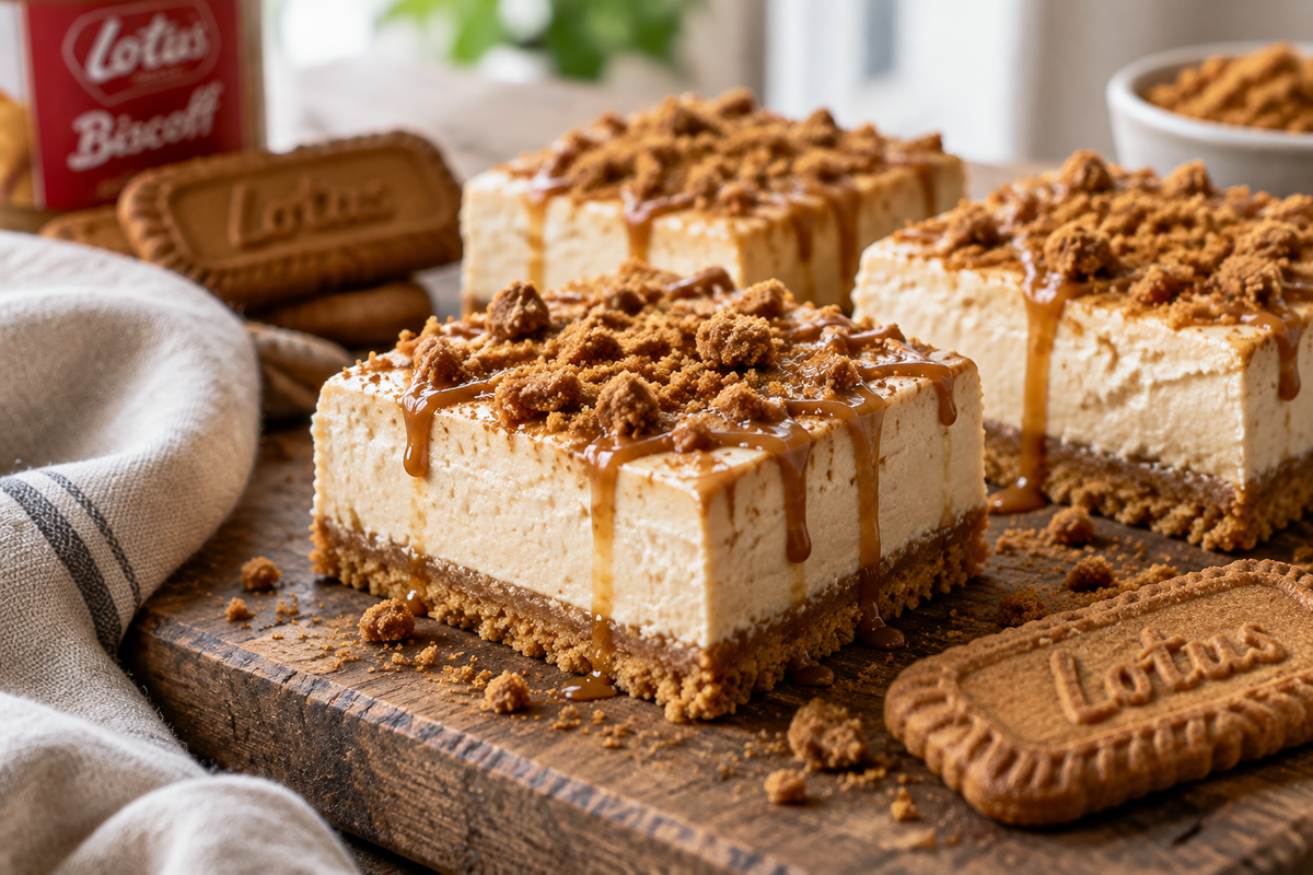 Creamy no bake biscoff cheesecake bars with crispy crust and caramel drizzle