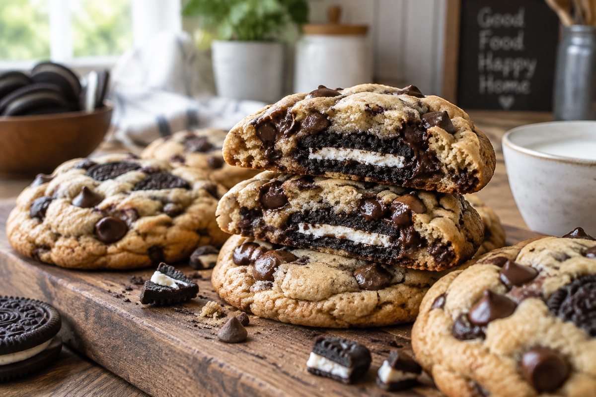 Delicious Oreo stuffed cookies with creamy centers and chocolate chips, the best easy Oreo stuffed cookies
