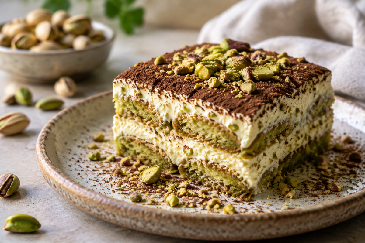 Creamy pistachio tiramisu slice garnished with crushed pistachios and cocoa powder