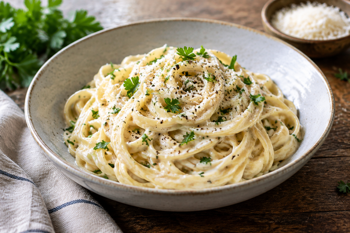 Creamy fettuccine alfredo pasta garnished with parsley and black pepper on rustic wooden table