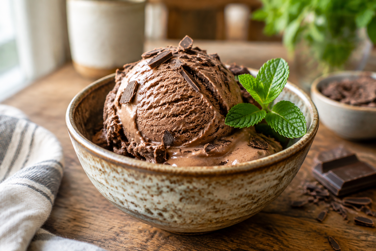 Ultra-creamy homemade chocolate ice cream in a bowl garnished with mint and chocolate shavings