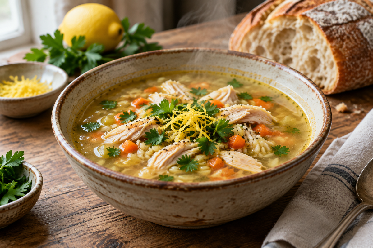 A bowl of Italian penicillin soup garnished with fresh parsley and lemon zest