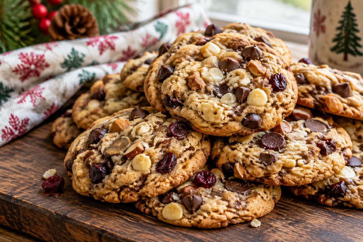Best kitchen sink cookies stacked on a rustic board with colorful mix-ins and festive holiday atmosphere