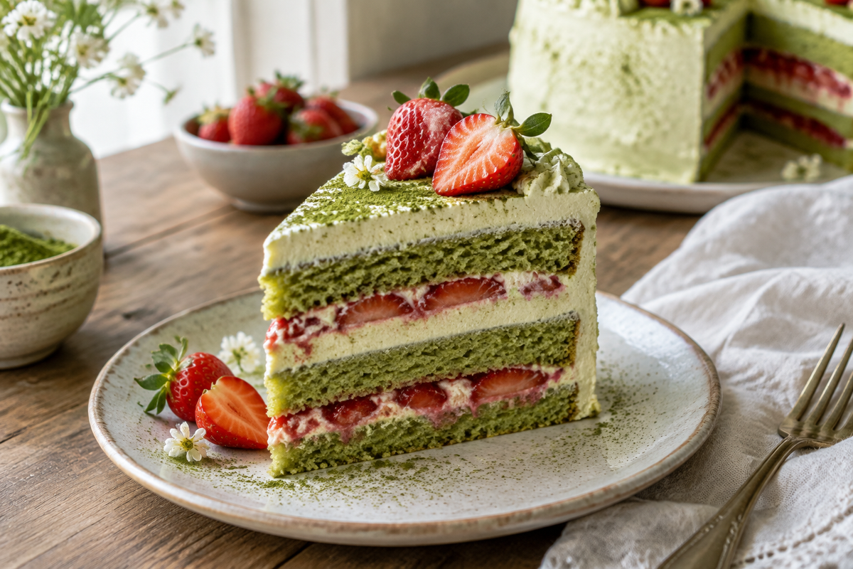 Slice of matcha cake with Swiss meringue buttercream and strawberry filling garnished with fresh strawberries