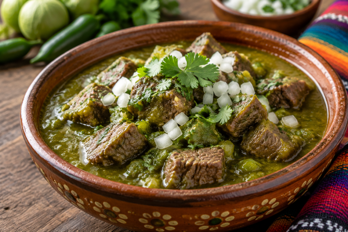 Bowl of Mexican beef chile verde with green sauce, fresh cilantro, and diced onions