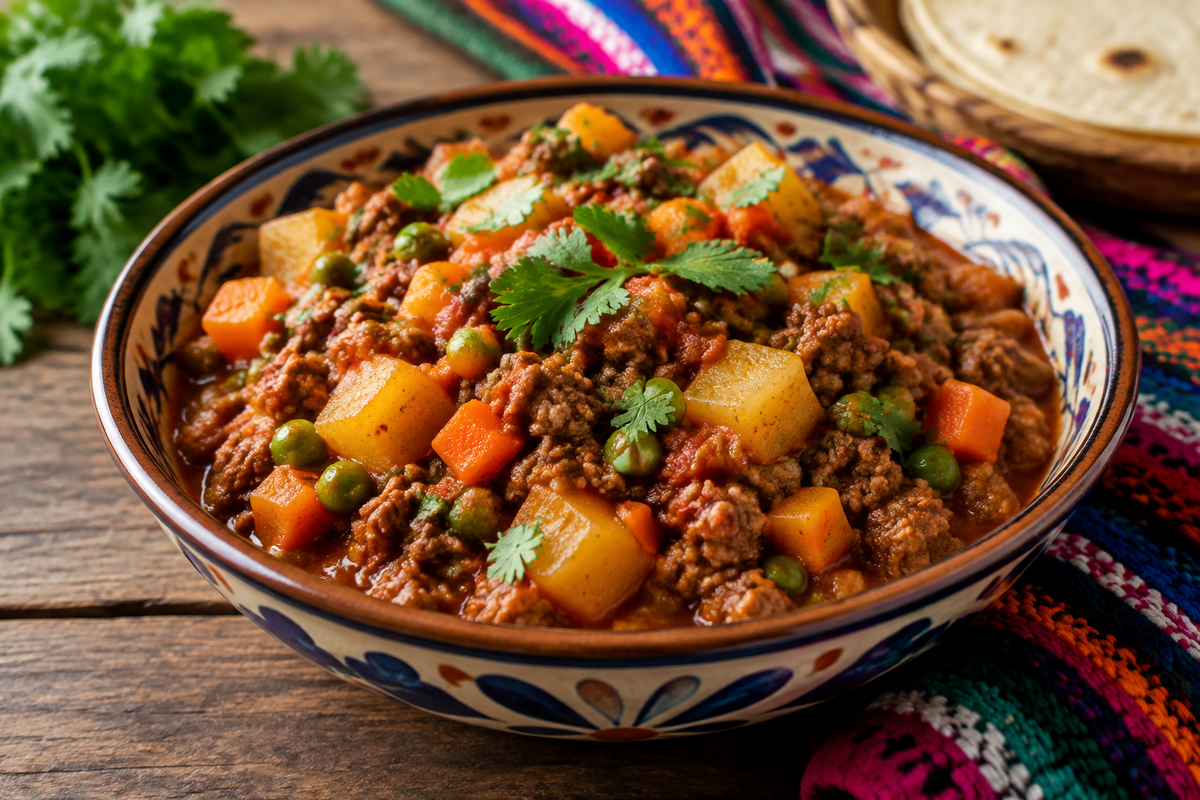Mexican picadillo in bowl with ground beef, potatoes, peas, and carrots in tomato sauce, garnished with cilantro