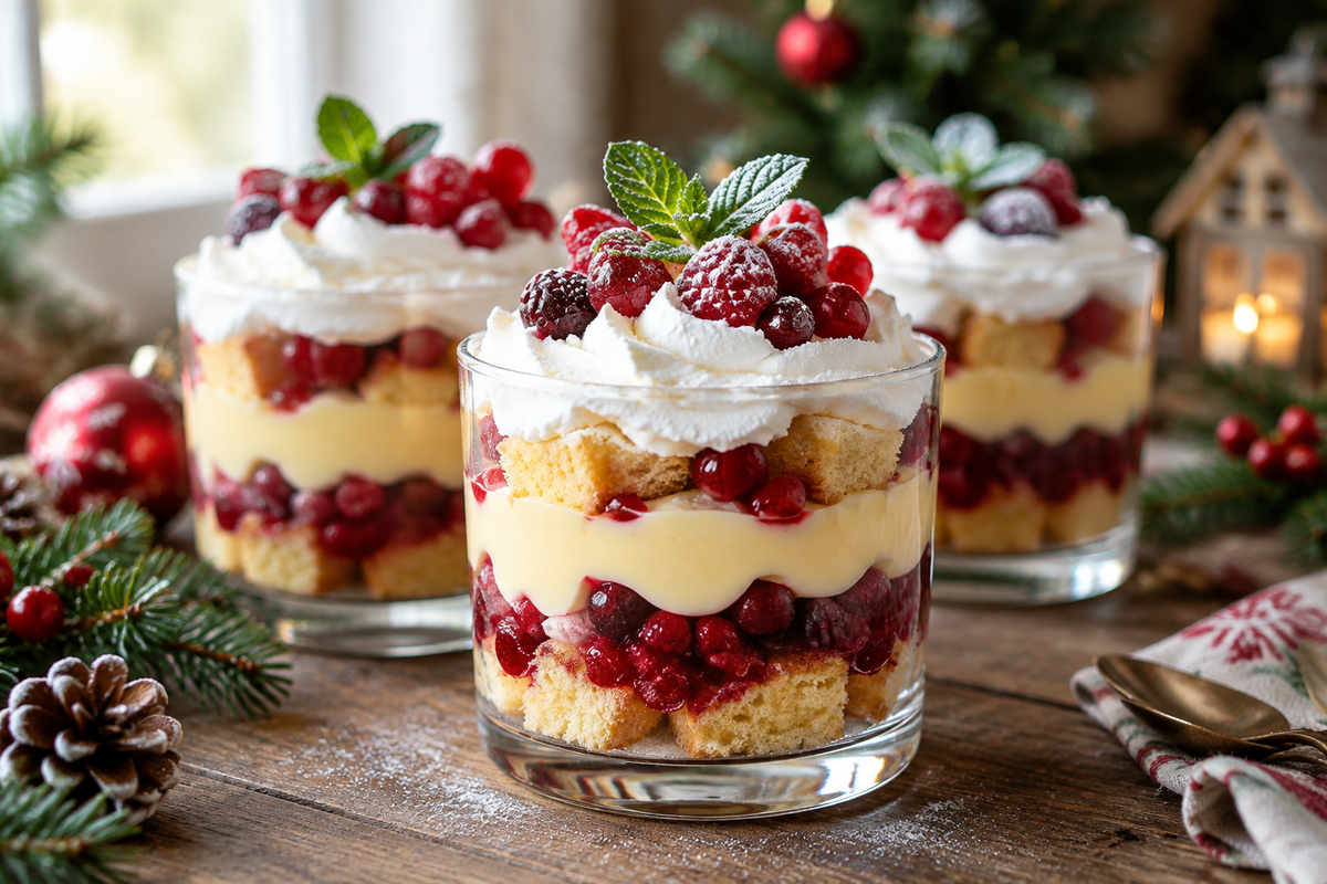 Mini Christmas trifles layered with cake, custard, berries, and whipped cream in glass cups