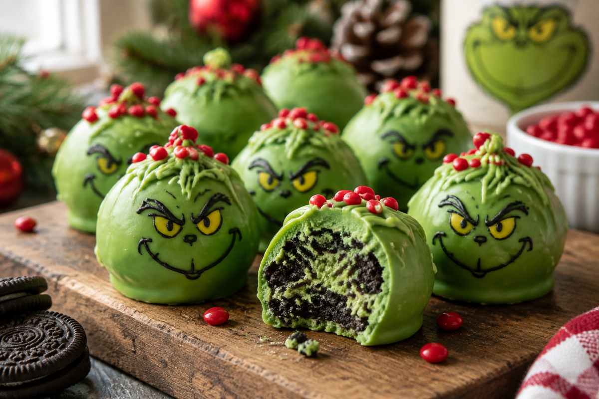 No-bake Grinch Oreo truffles on a rustic board with green coating and red candy garnish
