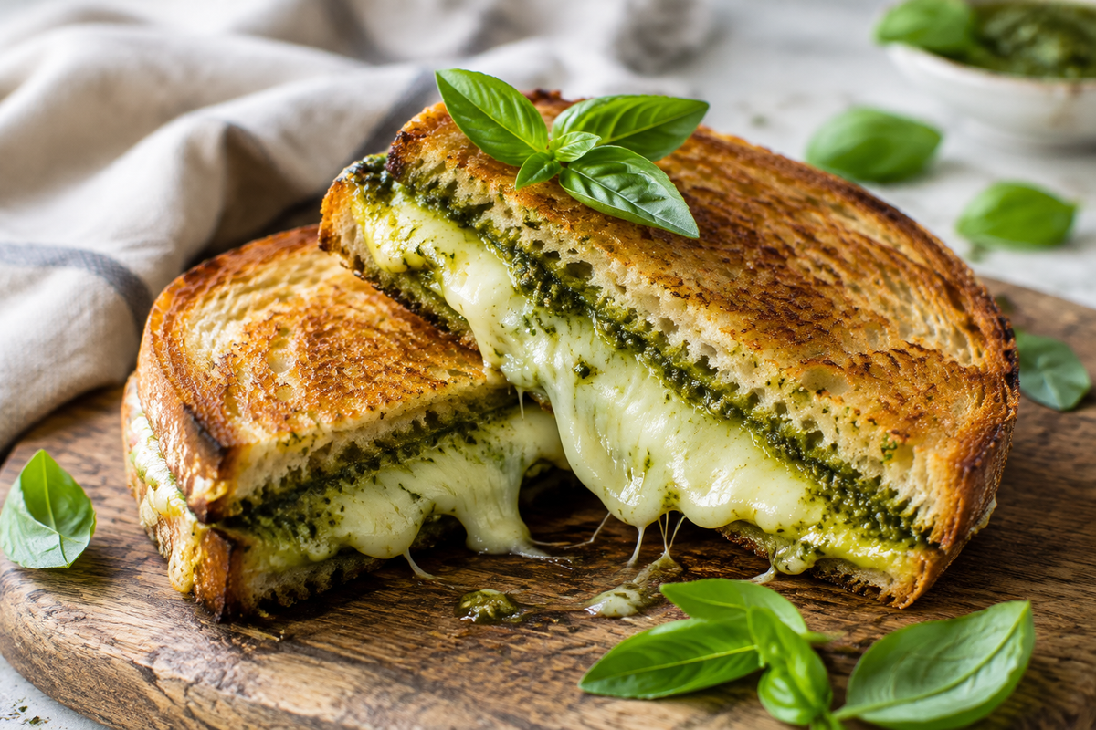 Golden pesto grilled cheese sandwich with melted cheese and fresh basil, pesto grilled cheese