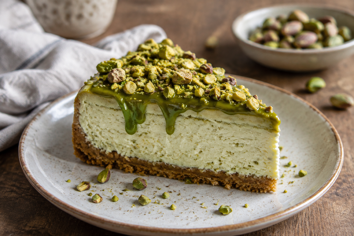 Slice of pistachio cheesecake with creamy pistachio topping and crushed pistachios, rich and nutty pistachio cheesecake