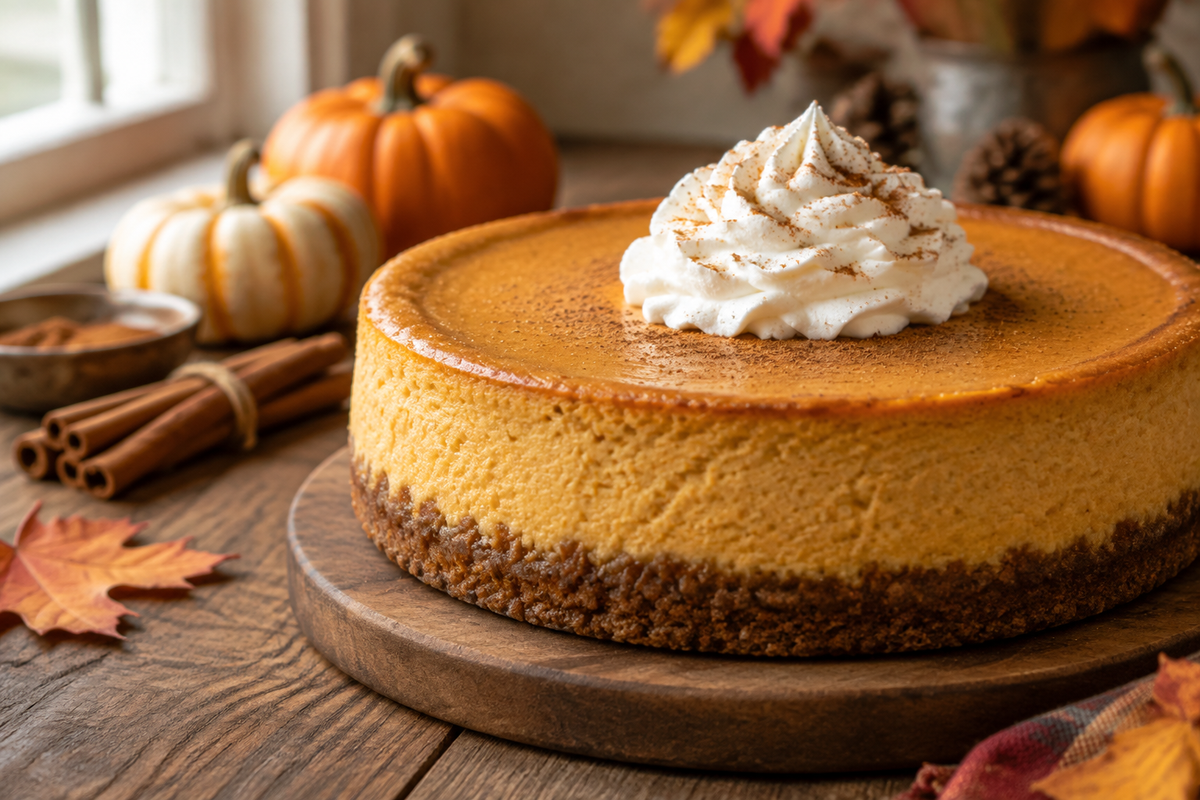 Creamy pumpkin cheesecake with whipped cream garnish and cinnamon, perfect pumpkin cheesecake dessert