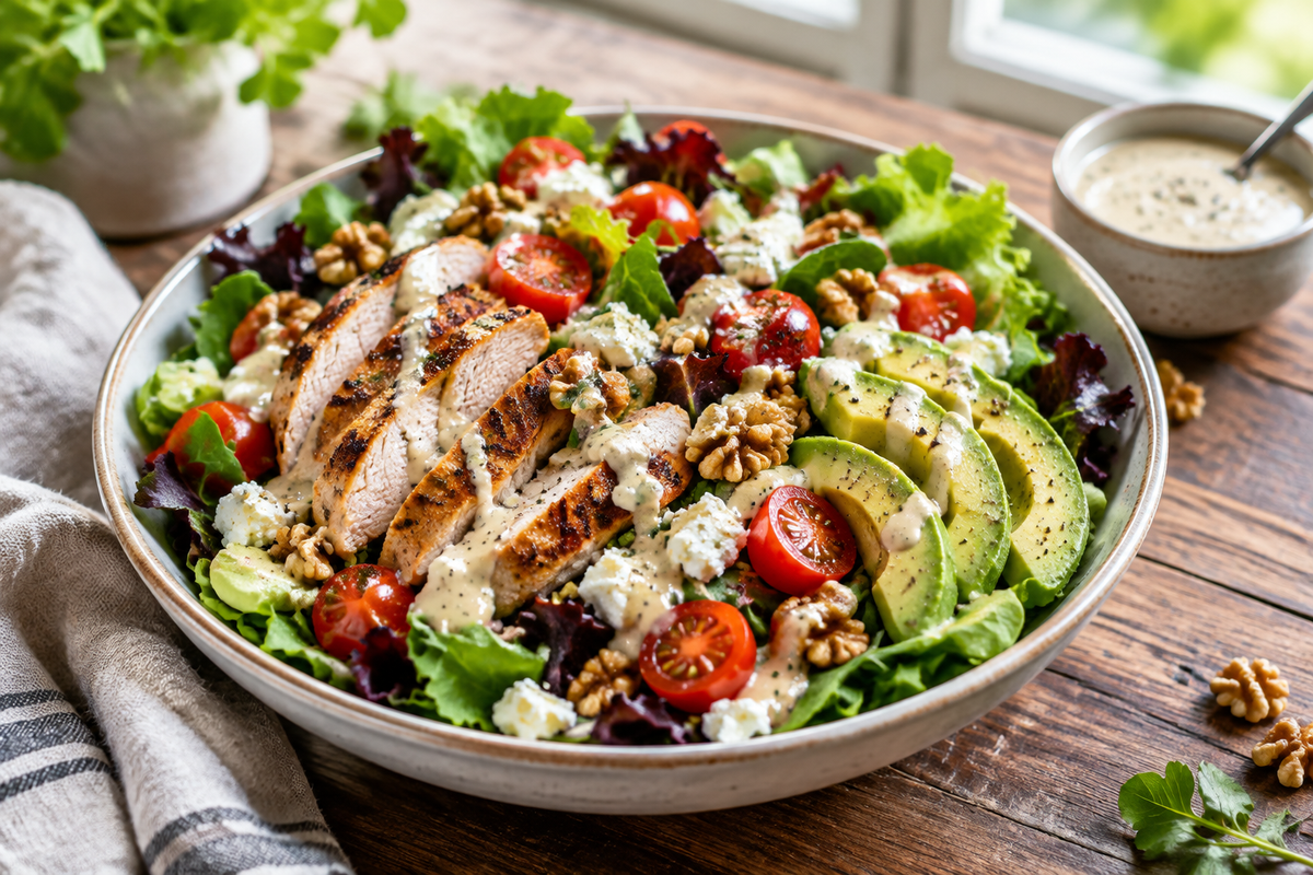 Best salad ever with grilled chicken, fresh greens, tomatoes, avocado, walnuts, and feta cheese