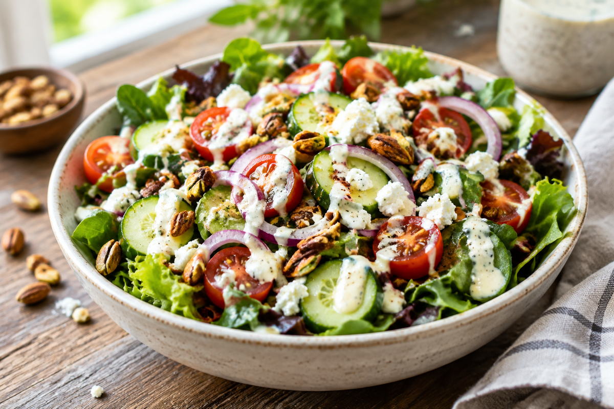 Best salad ever featuring mixed greens, cherry tomatoes, cucumber, nuts, and feta cheese with dressing