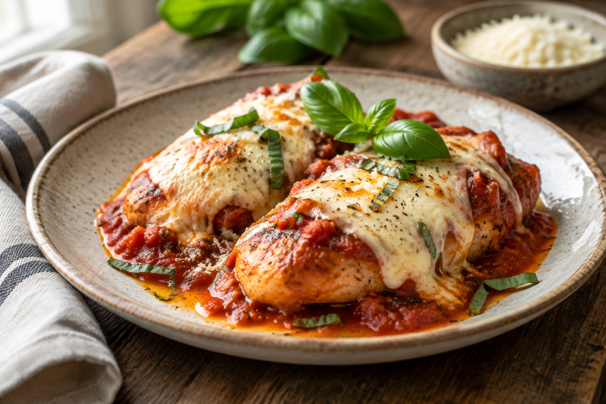 Slow cooker chicken parmesan with melted cheese and tomato sauce garnished with basil
