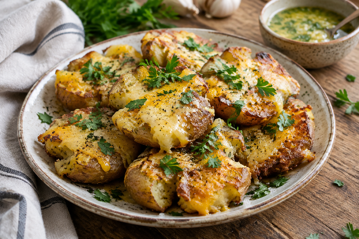 Crispy, buttery, and cheesy smashed potatoes garnished with fresh herbs on a rustic wooden surface