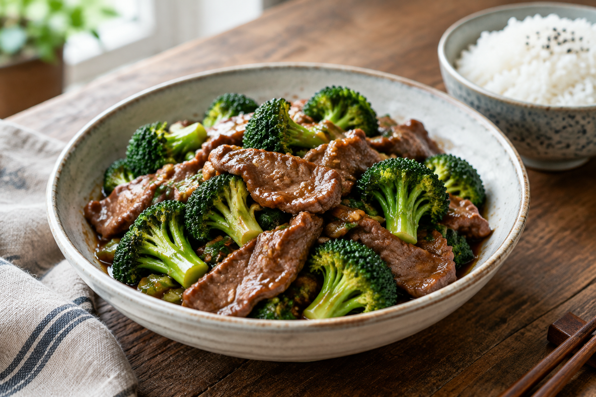 Plate of beef with broccoli in savory sauce served with rice, showcasing beef with broccoli dish
