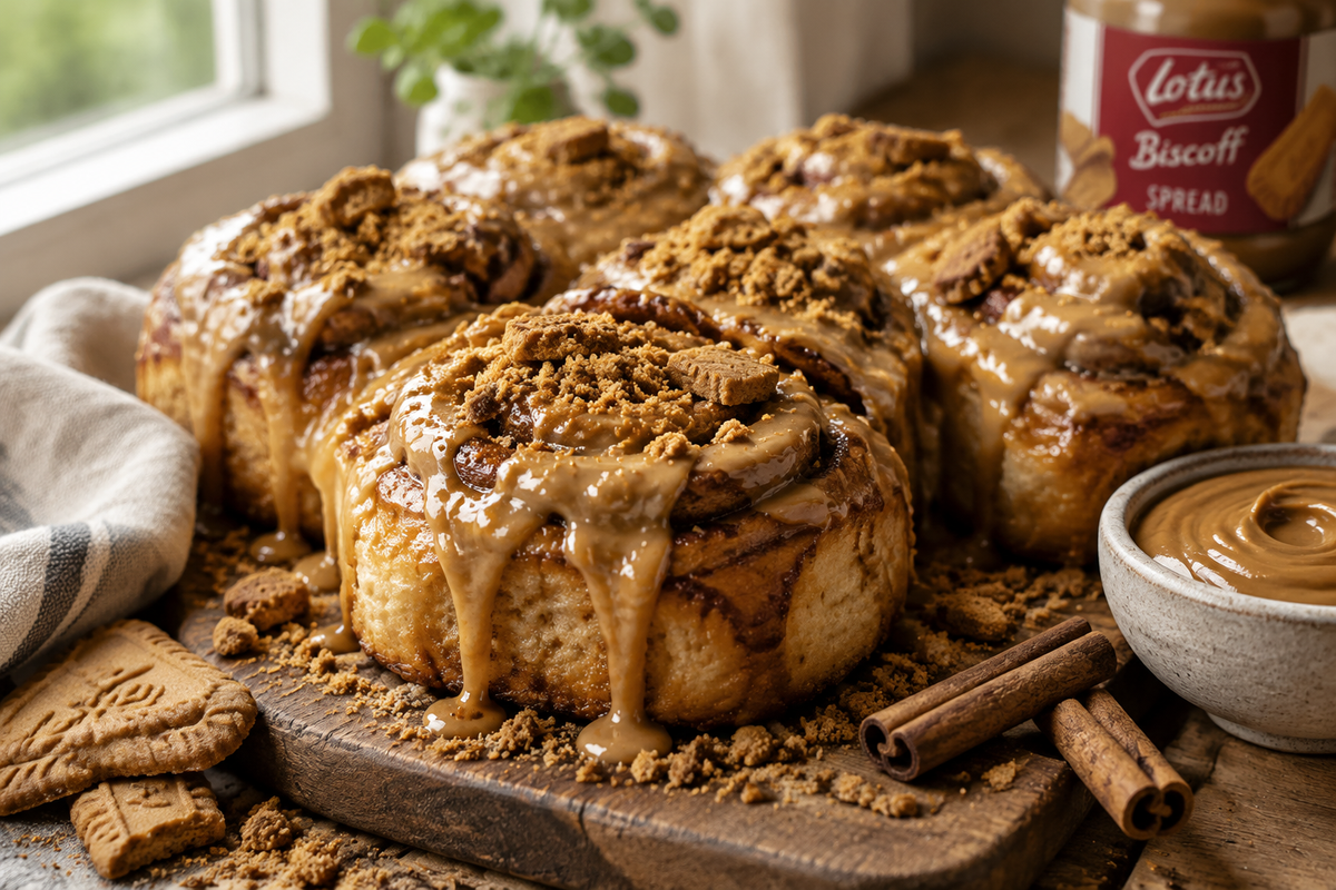 Freshly baked biscoff cinnamon rolls with glaze and cinnamon, featuring biscoff cinnamon rolls keyphrase