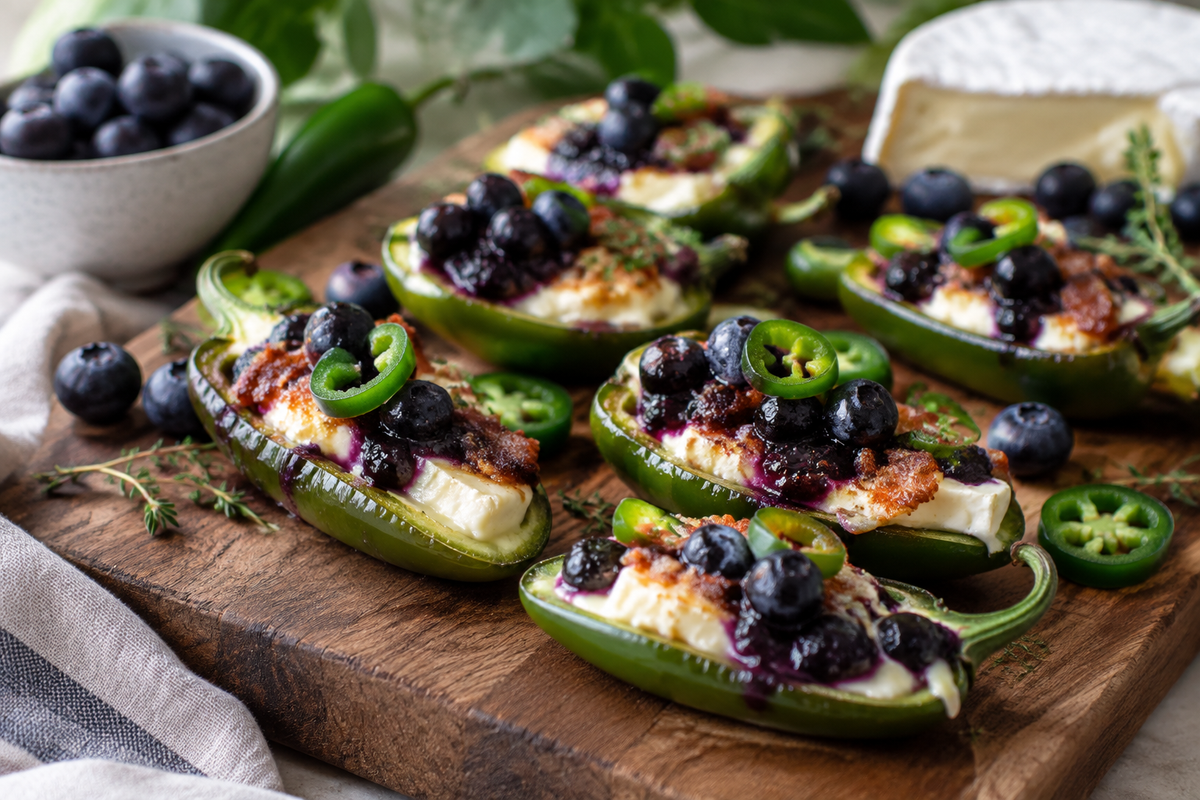 Plate of blueberry brie jalapeño poppers with fresh blueberries and jalapeño slices, sweet and spicy appetizers