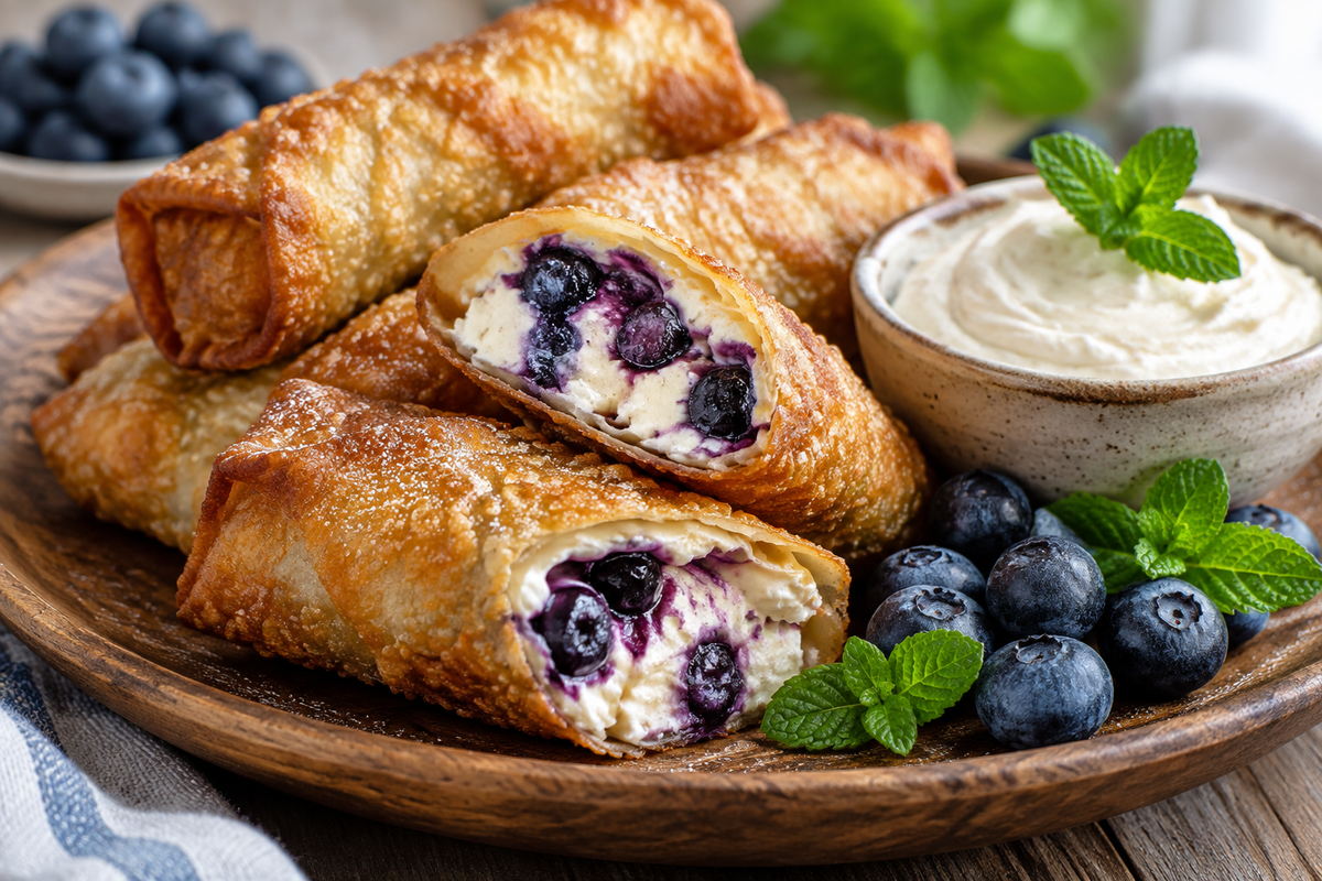 Golden blueberry cream cheese egg rolls with crispy shells and fresh blueberries garnish