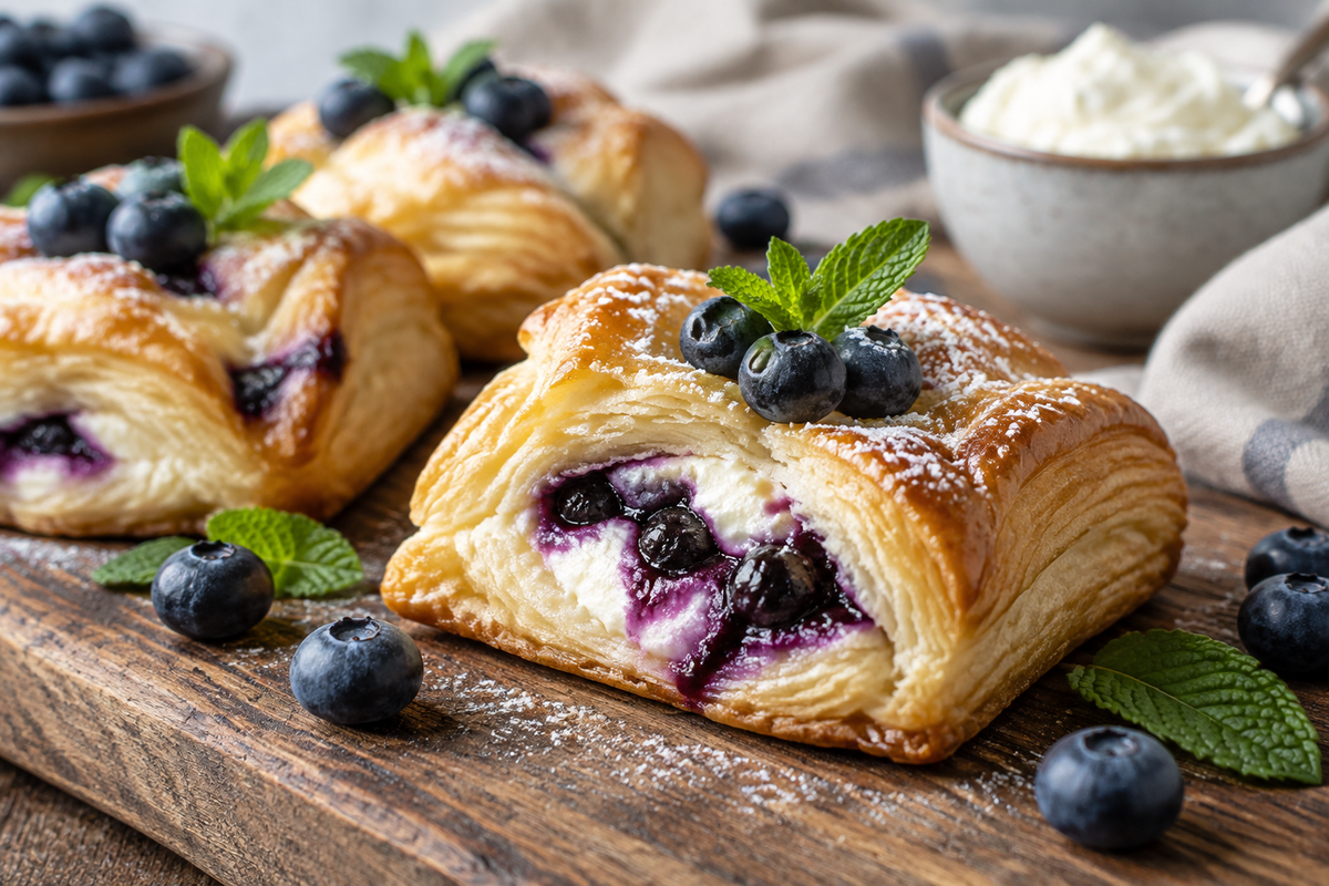 Blueberry cream cheese puff pastry served on a rustic board with fresh blueberries and mint garnish