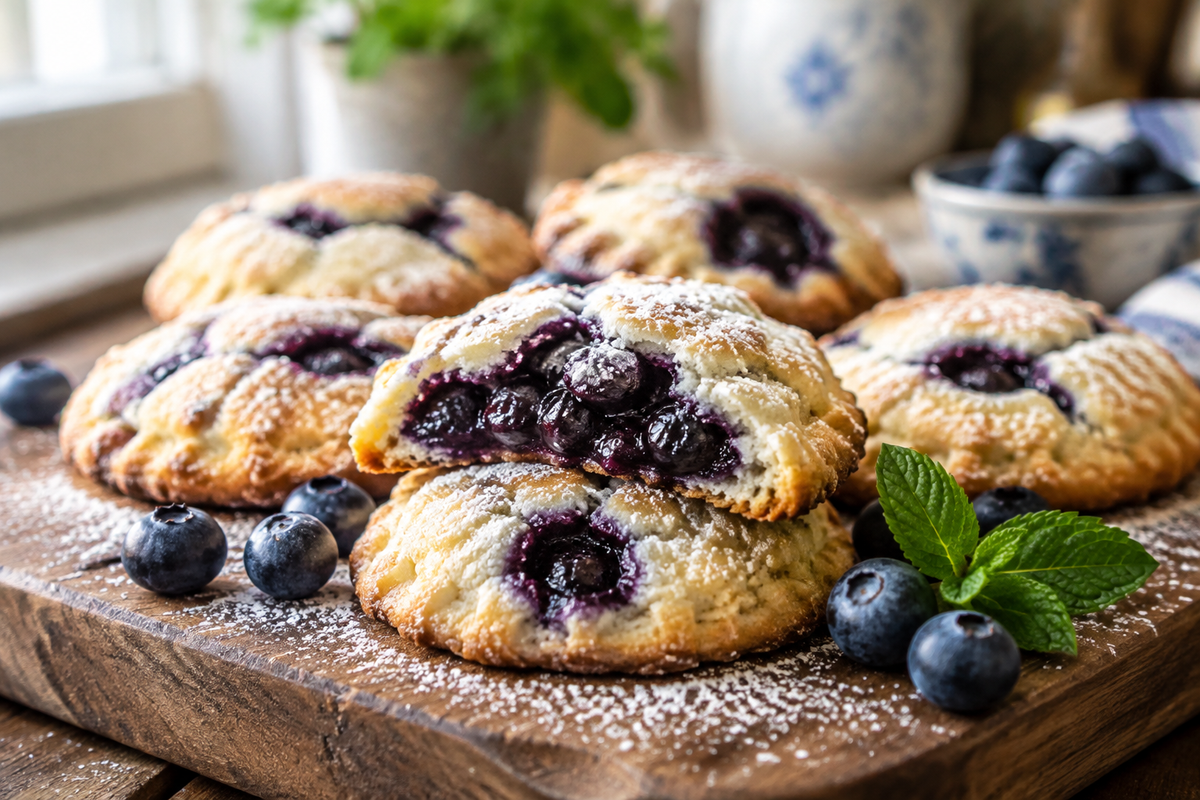 Blueberry pie cookies with golden crust and juicy blueberry filling, styled with fresh blueberries and mint garnish