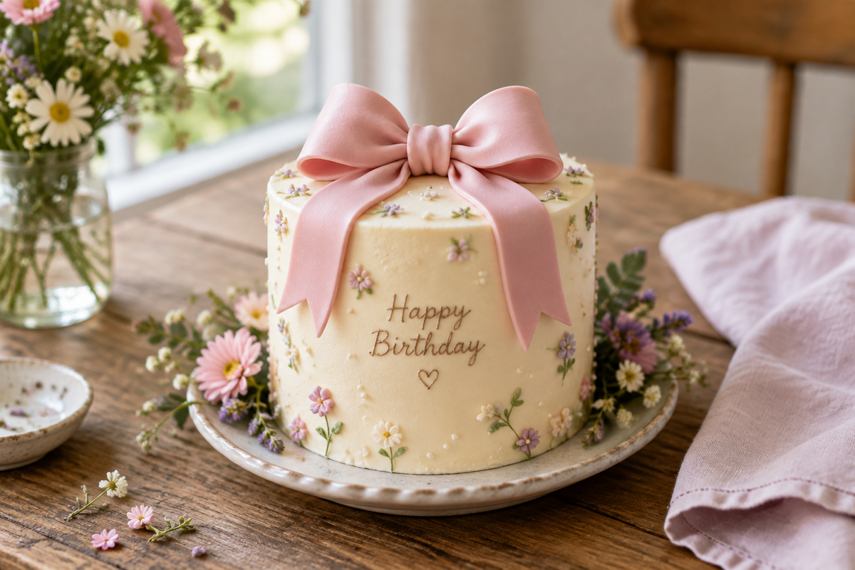 Bolo com laço small birthday cake with elegant bow decoration and floral garnish
