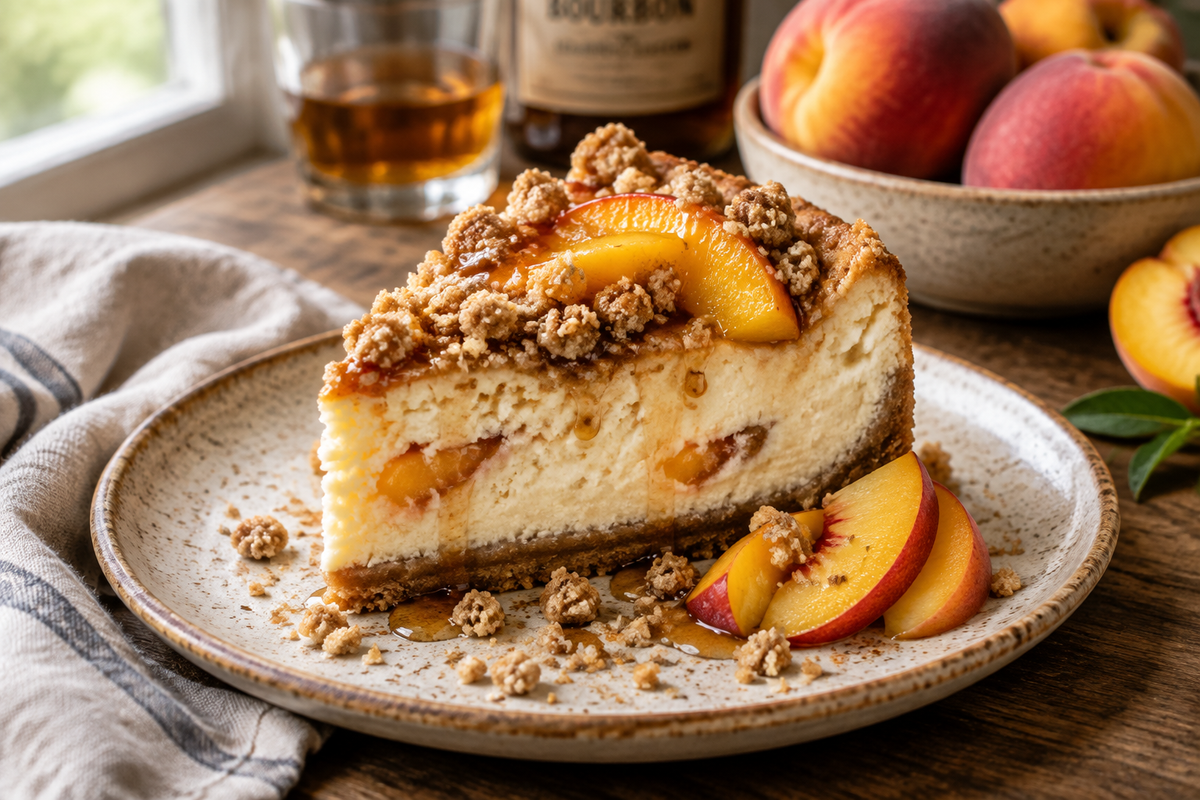 Slice of bourbon peach cheesecake with streusel topping garnished with fresh peaches, bourbon peach cheesecake dessert