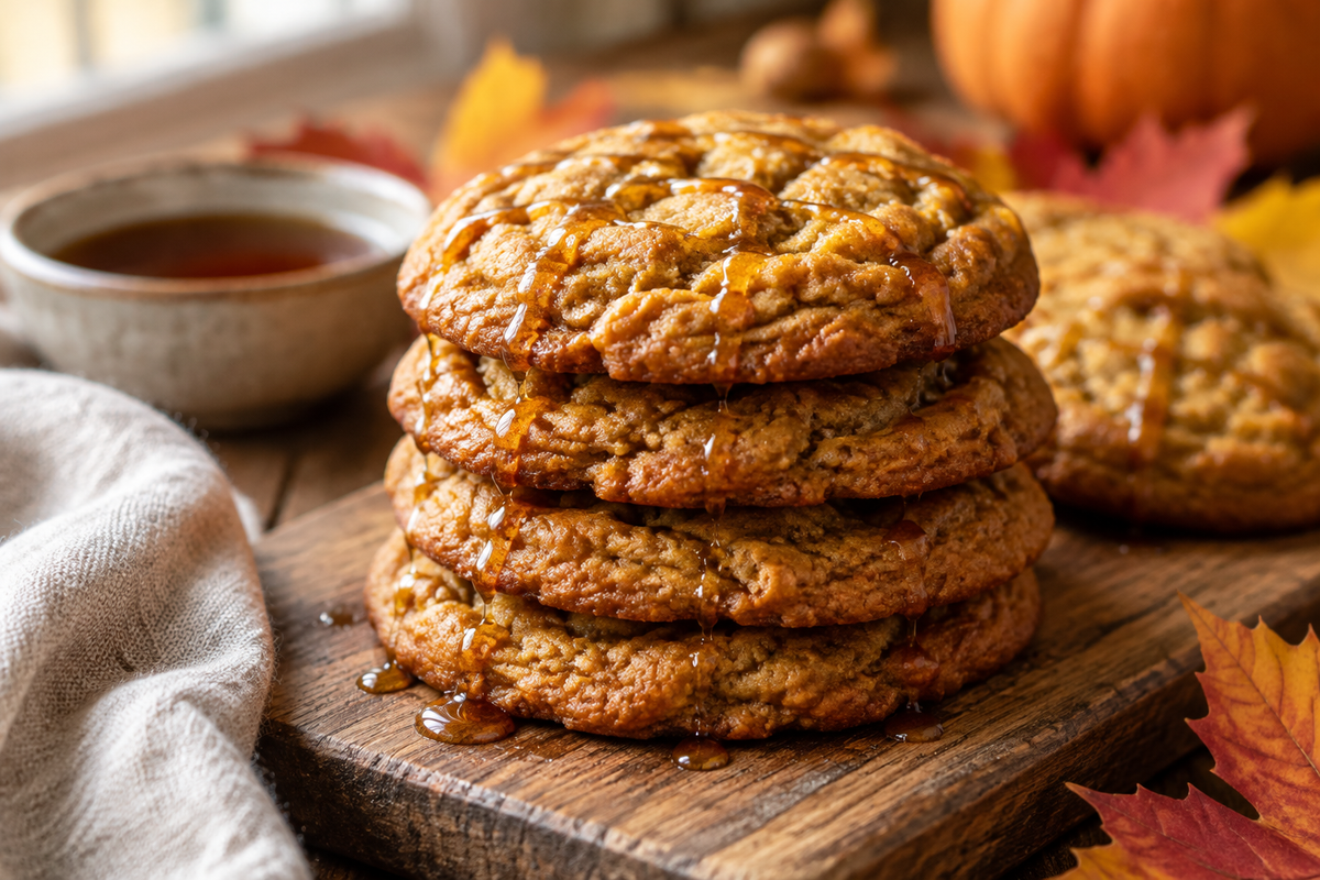 Chewy brown butter pumpkin cookies drizzled with maple syrup on a rustic board