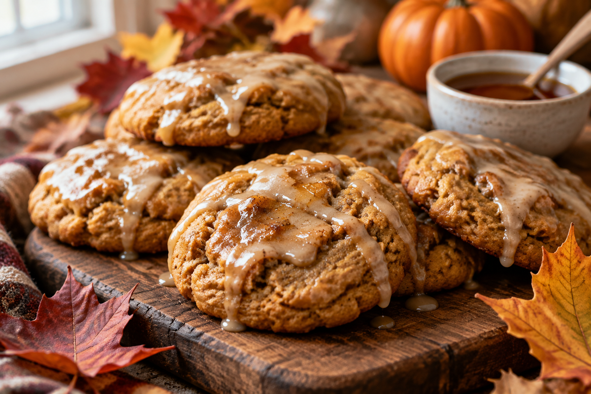 Chewy brown butter pumpkin cookies with maple glaze, showcasing brown butter pumpkin cookies on rustic board