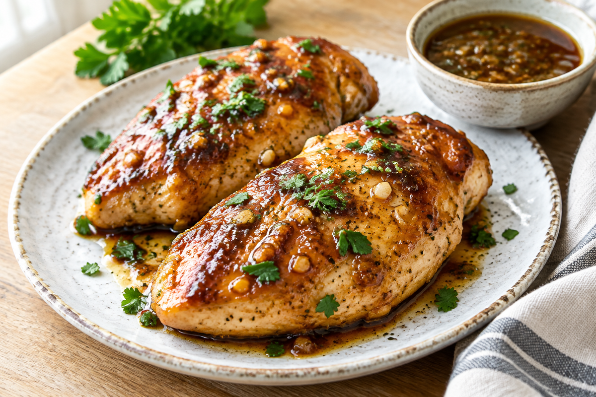 Brown sugar garlic chicken breasts glazed and garnished with parsley on a ceramic plate