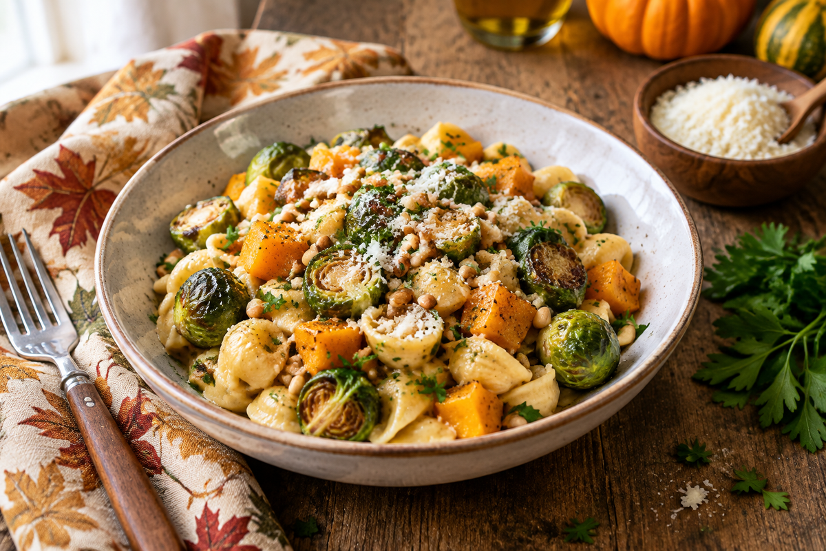 Brussels sprouts pasta with butternut squash garnished with toasted pine nuts and parsley