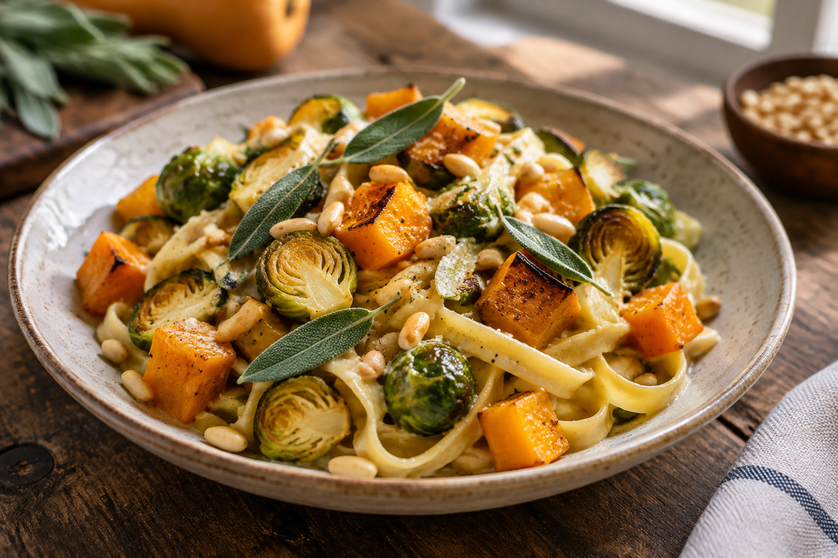 Brussels sprouts pasta with butternut squash garnished with pine nuts and sage leaves