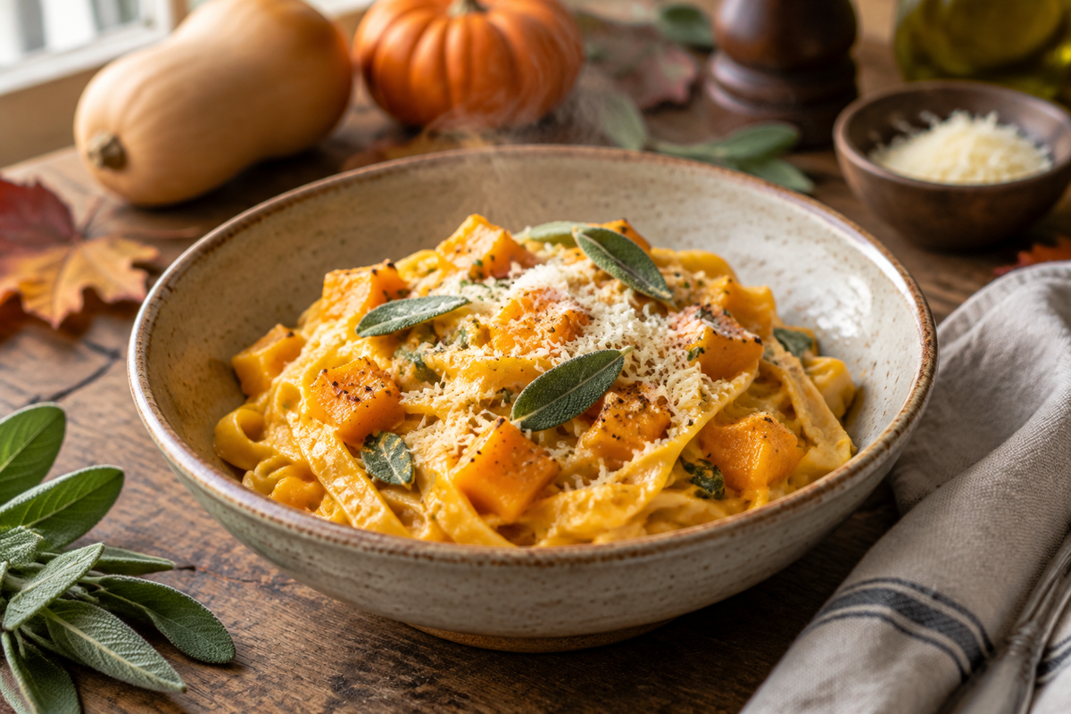 Butternut squash pasta with sage and Parmesan garnished on rustic bowl for cozy autumn nights