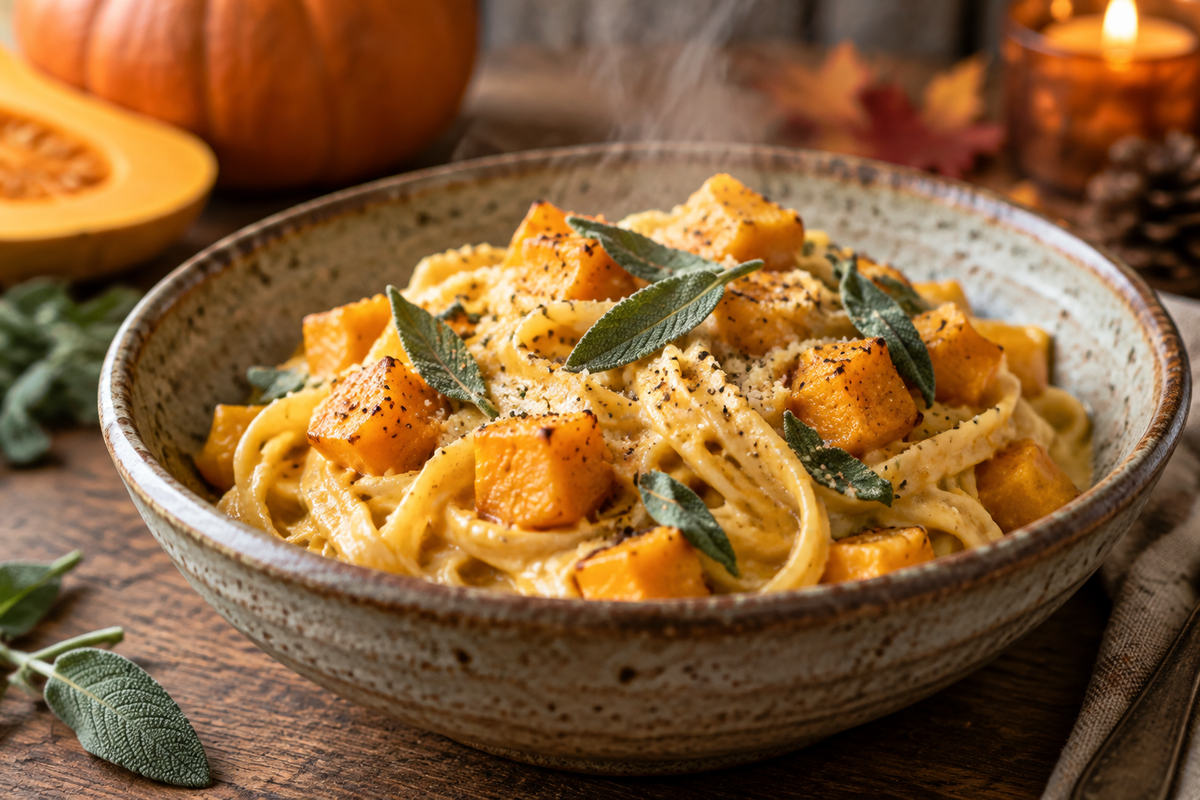 Butternut squash pasta garnished with fresh sage on a rustic plate for cozy autumn nights