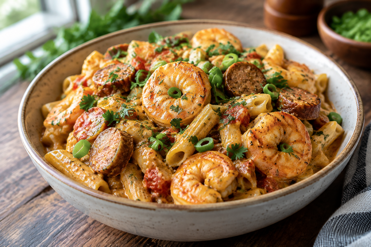 Cajun creamy jambalaya pasta with shrimp and sausage garnished with parsley and green onions