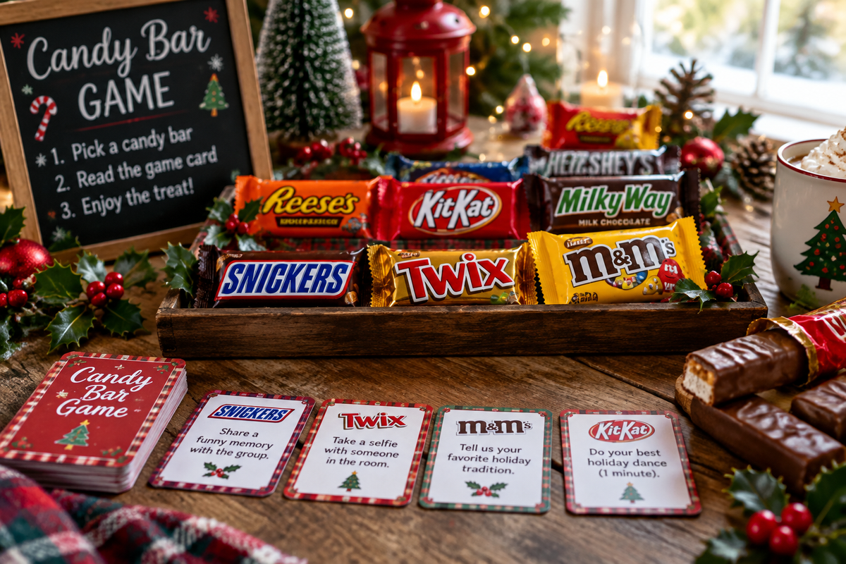 Candy bar game setup with wrapped candy bars and festive decorations in natural light