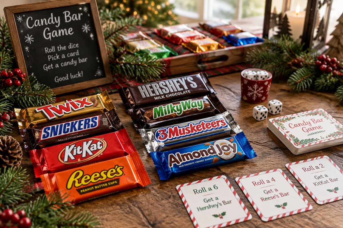 Candy bar game setup with colorful candy bars and game pieces for festive Christmas party fun