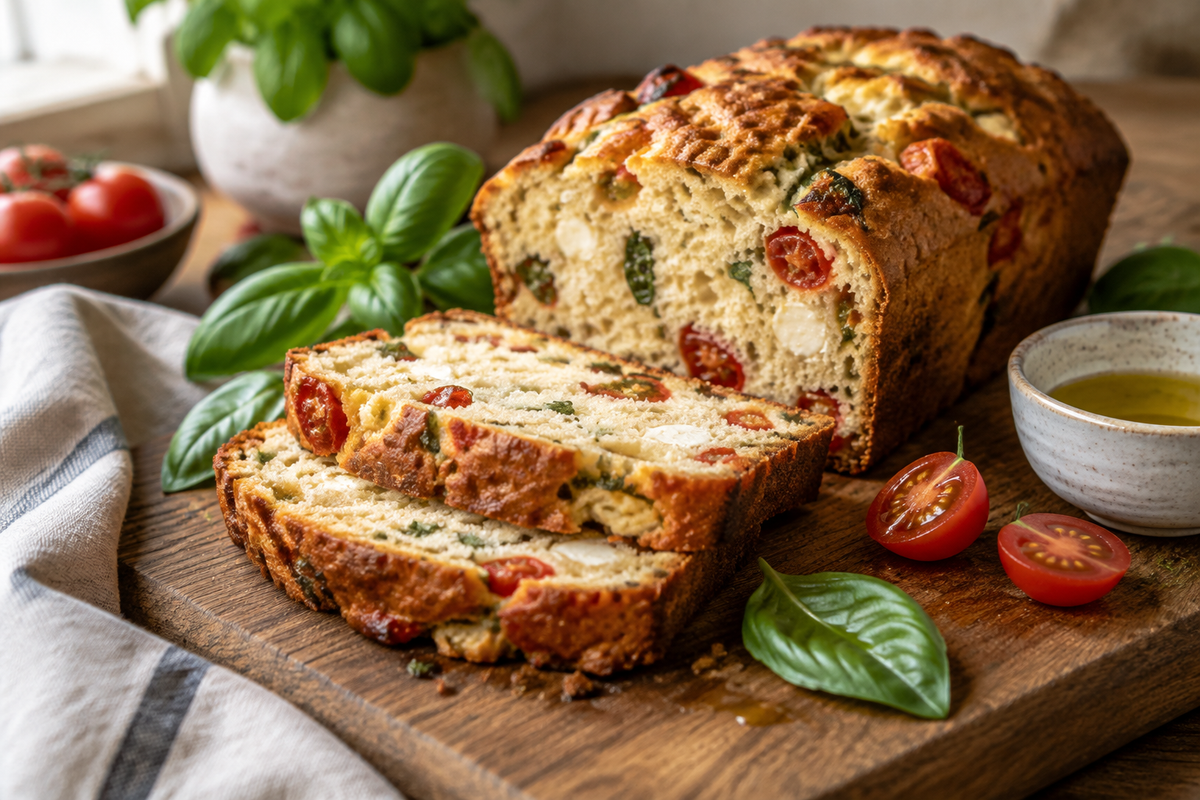 Sliced caprese quick bread garnished with basil and tomatoes, showcasing the caprese quick bread recipe