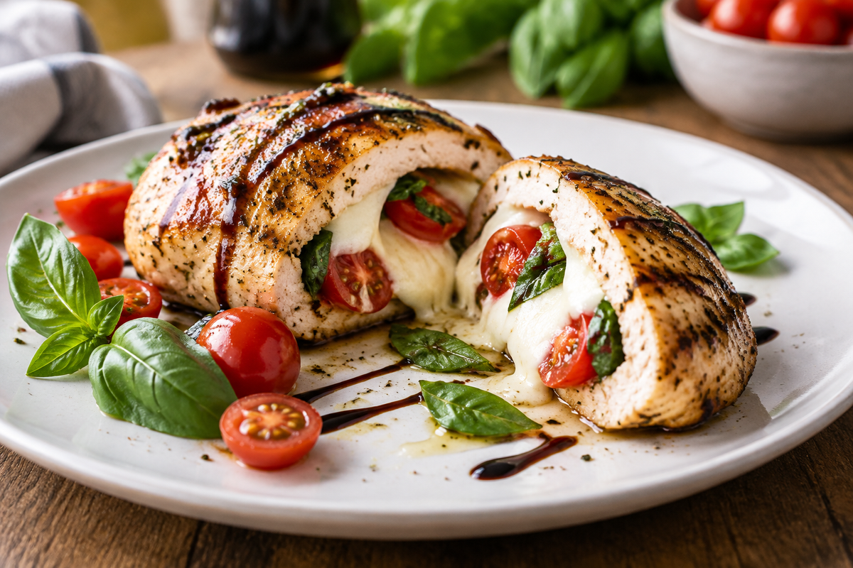 Caprese stuffed chicken breast with melted mozzarella, fresh basil, and tomatoes on a white plate