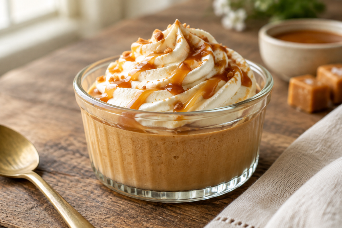 Caramel mousse dessert with whipped ganache in a glass ramekin, creamy and golden caramel mousse