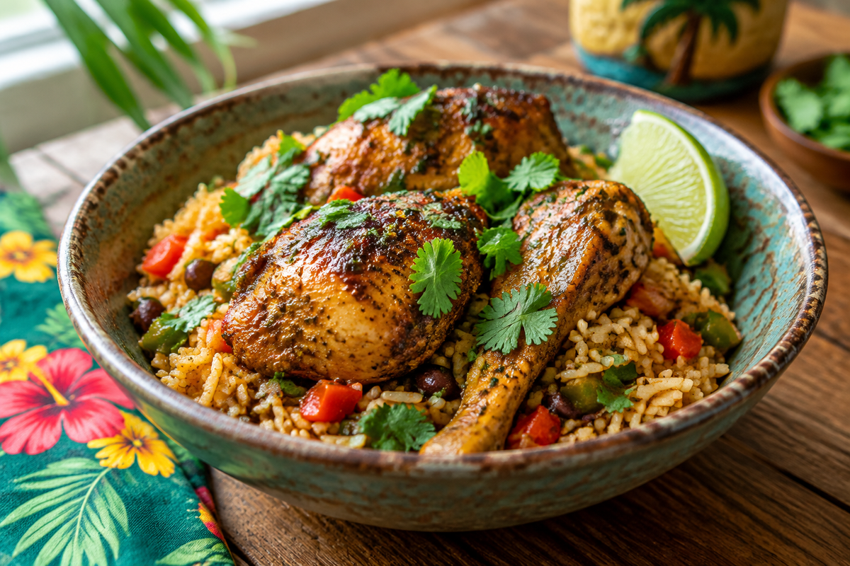 Caribbean chicken and rice served in a bowl with fresh cilantro garnish and lime wedge, vibrant and flavorful one-pan dish