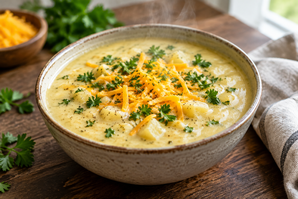 Creamy cheddar garlic herb potato soup garnished with fresh herbs and shredded cheddar