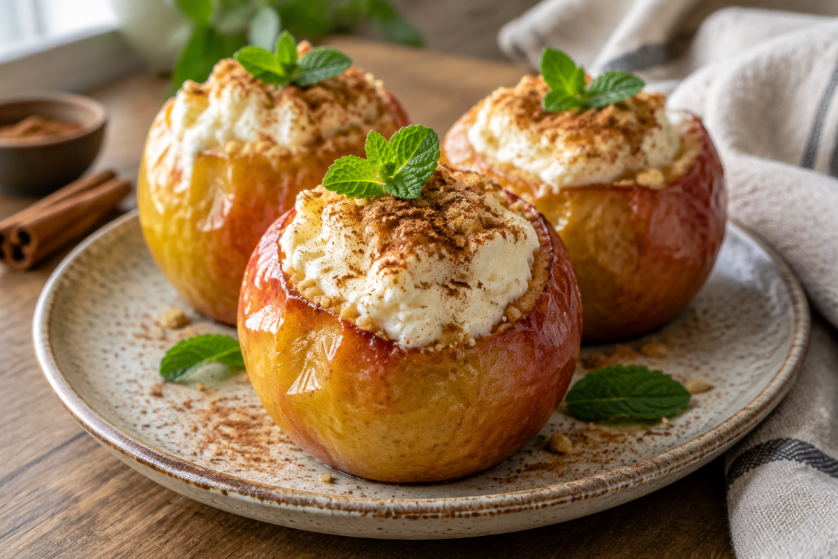 Cheesecake stuffed baked apples with cinnamon and mint garnish on a rustic plate