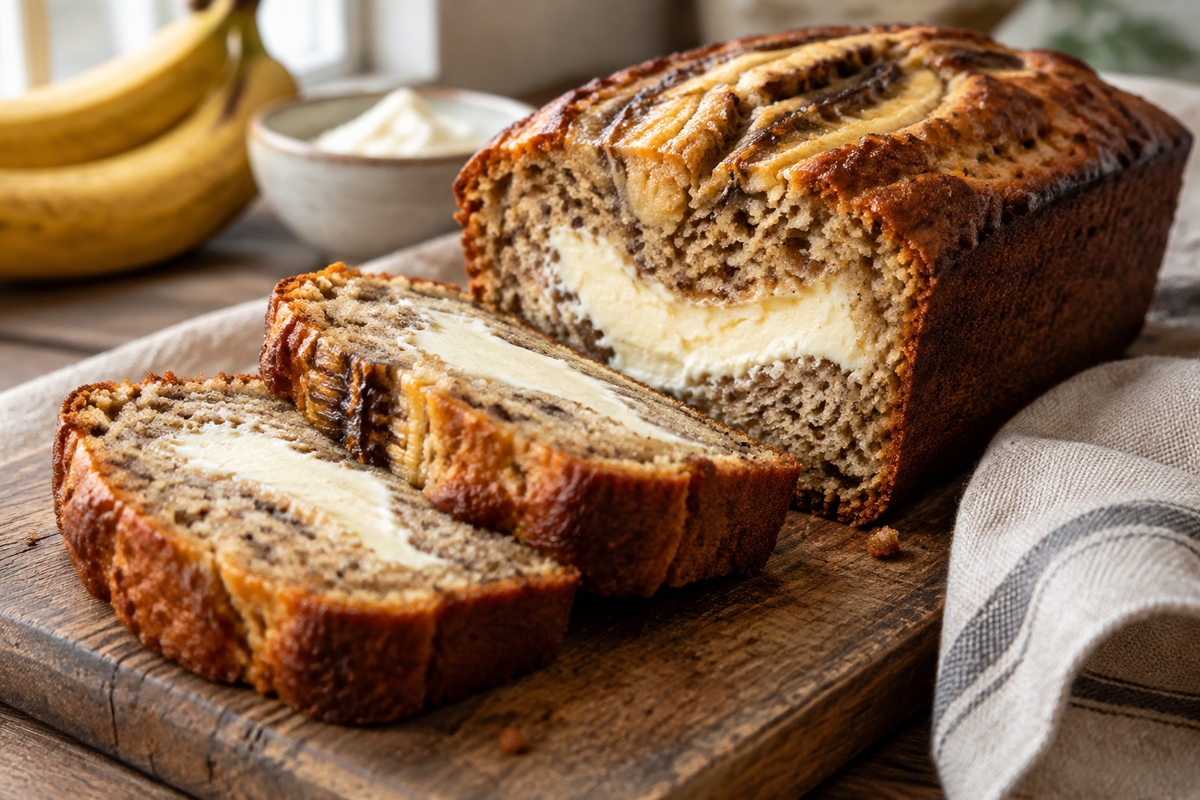 Sliced cheesecake stuffed banana bread showing creamy cheesecake filling and moist banana bread texture