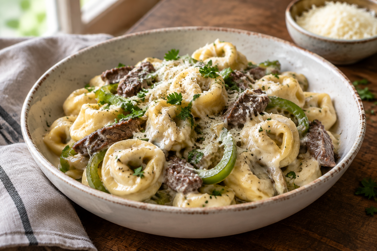Cheesesteak tortellini in rich provolone sauce garnished with parsley and green peppers